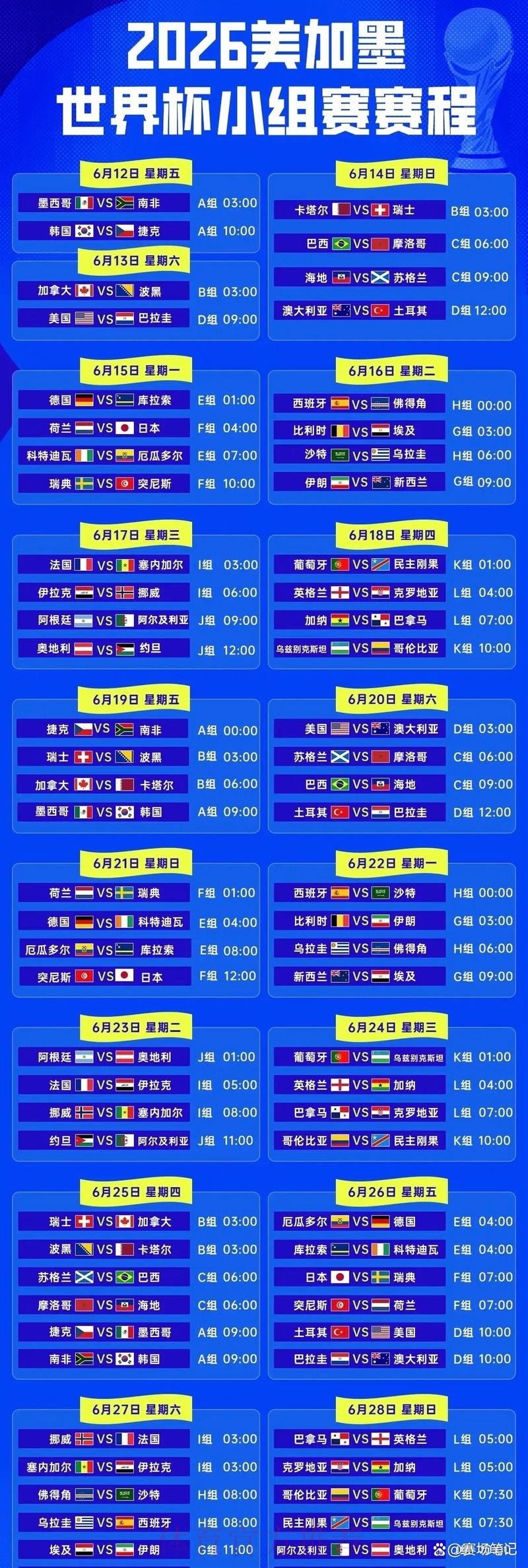 2026世界杯完整比赛日程安排表 2026世界杯完整比赛日程安排表